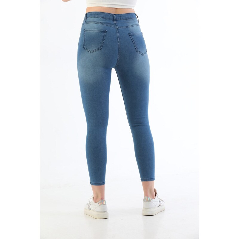 BİKELİFE Light Blue Nail Detail Plus Size High Waist Lycra Denim Trousers.