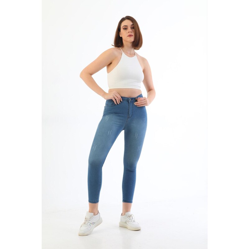 BİKELİFE Light Blue Nail Detail Plus Size High Waist Lycra Denim Trousers.