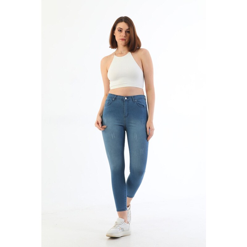 BİKELİFE Light Blue Nail Detail Plus Size High Waist Lycra Denim Trousers.