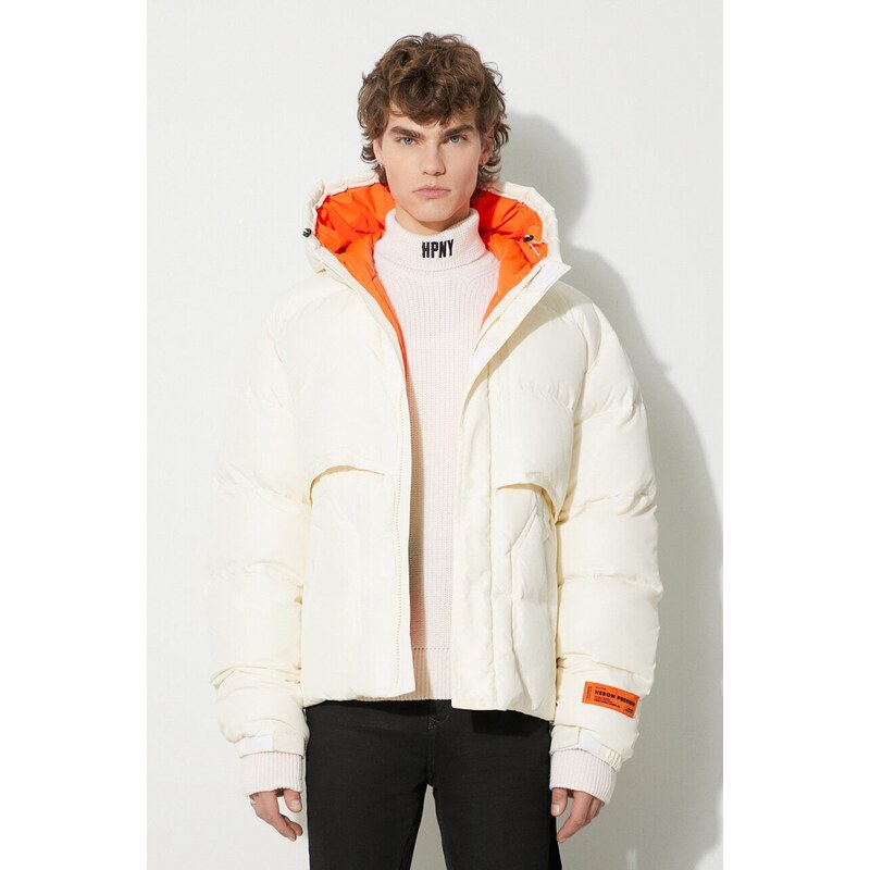 Péřová bunda Heron Preston Hoodie Nylon Puffer pánská, béžová barva, zimní, oversize, HMED014F23FAB0010400