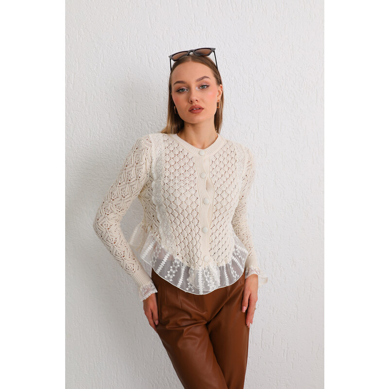 BİKELİFE Women's Ecru Buttoned Tulle Detailed Special Design Knitwear Sweater