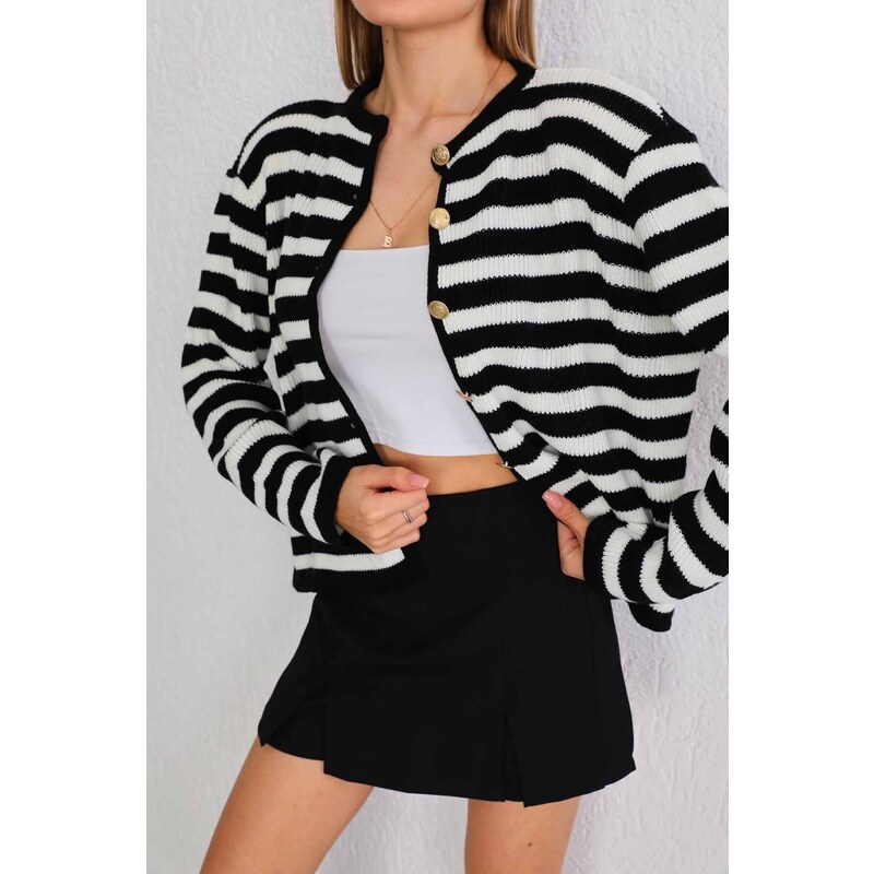 BİKELİFE Women's Striped Gold Button Detailed Wadding Knitwear Cardigan