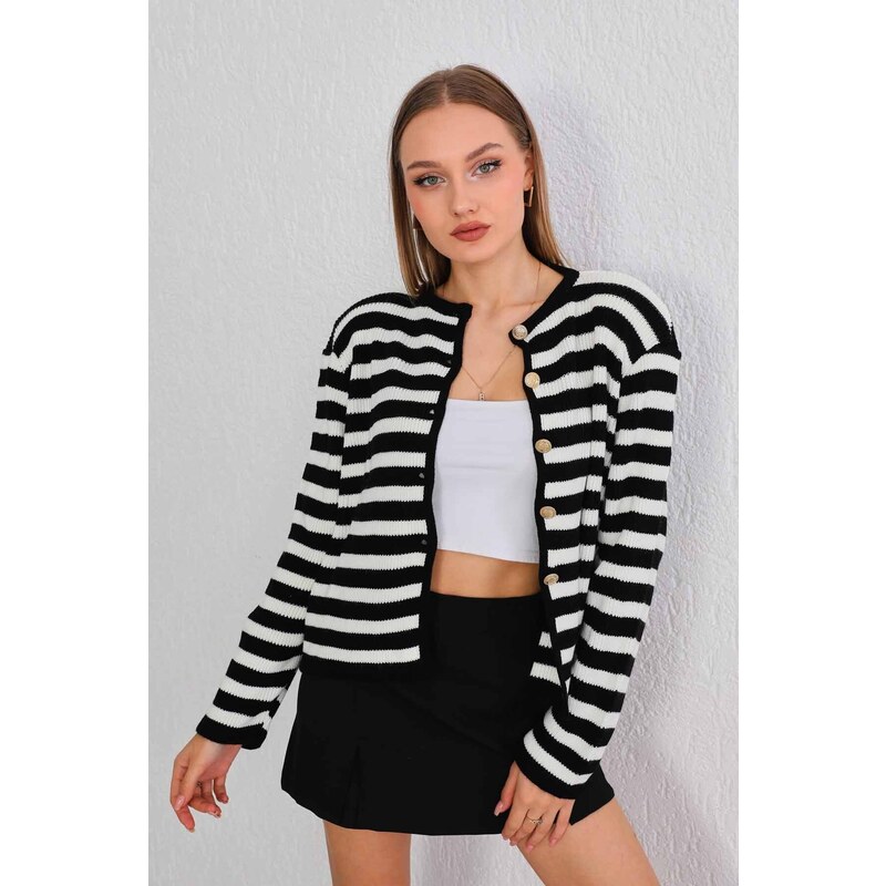 BİKELİFE Women's Striped Gold Button Detailed Wadding Knitwear Cardigan