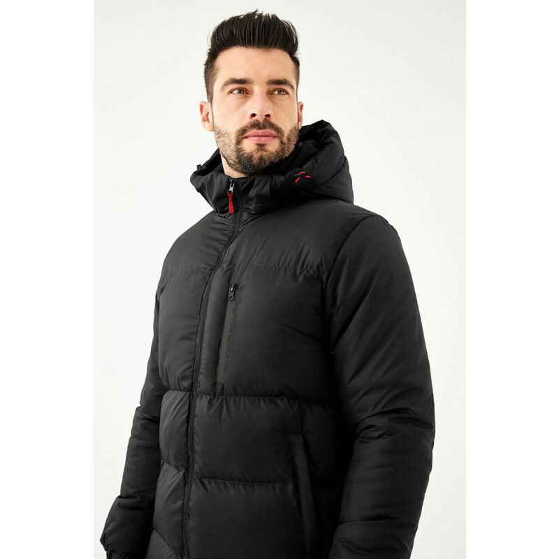 River Club Men's Black Fiber Hooded Water and Windproof Puffer Winter Coat