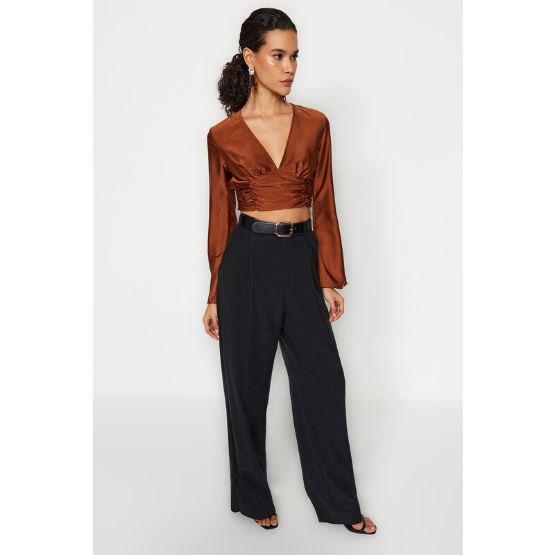 Trendyol Brown Draped Satin Blouse