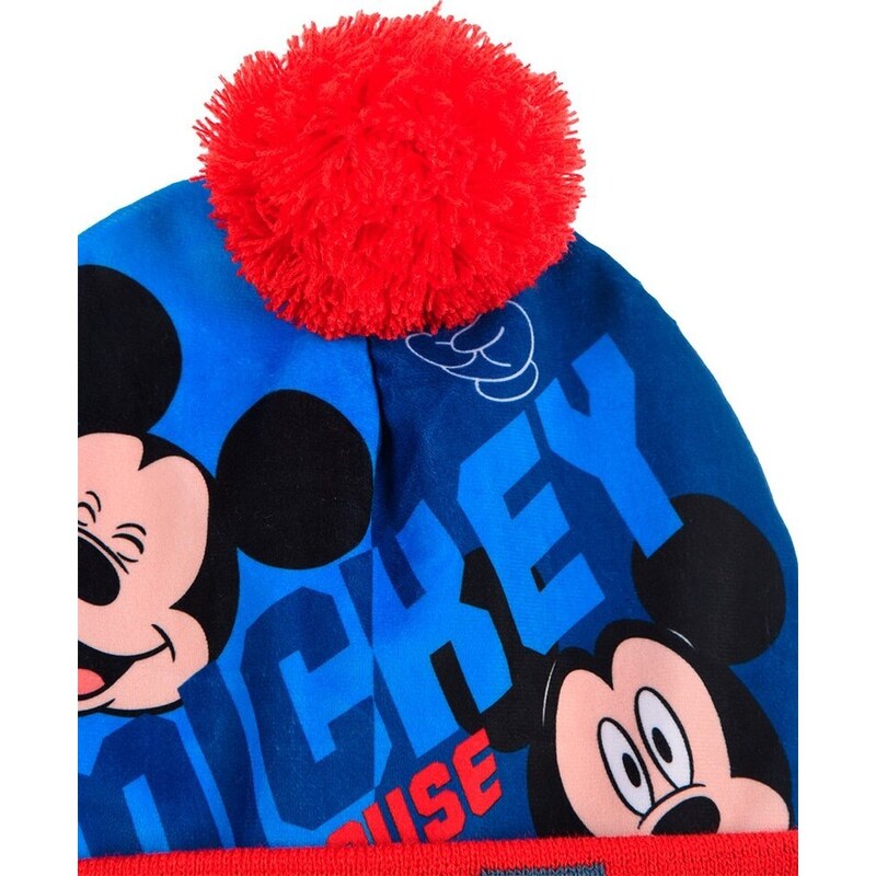 DISNEY WARM MICKEY MOUSE MODRO-ČERVENÁ CHLAPECKÁ ČEPICE S BAMBULÍ Modrá