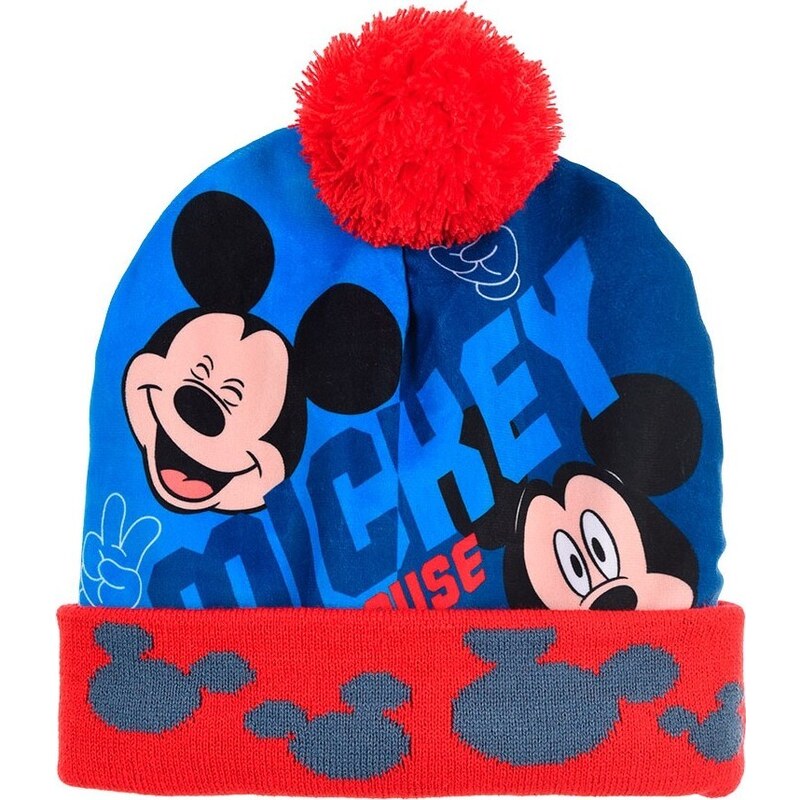 DISNEY WARM MICKEY MOUSE MODRO-ČERVENÁ CHLAPECKÁ ČEPICE S BAMBULÍ Modrá