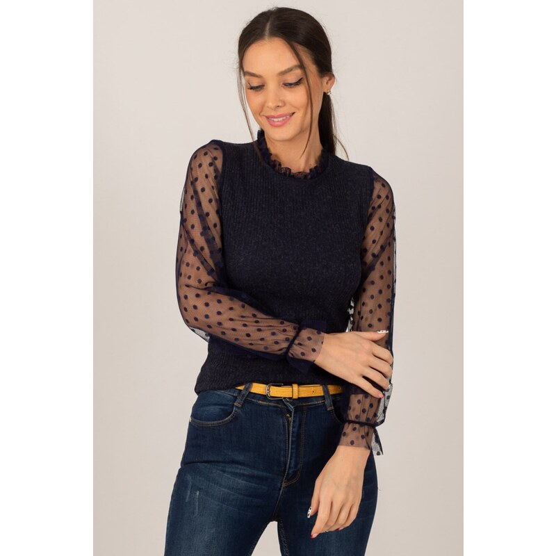 armonika Women's Navy Blue Sleeve and Collar Tulle Ribbed Knitwear Sweater