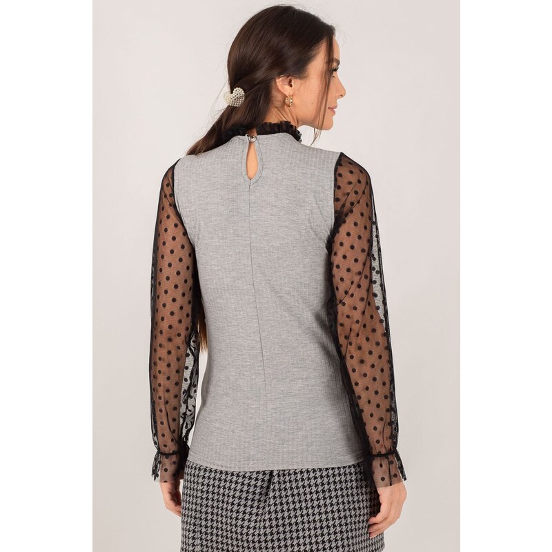 armonika Women's Grey-Black Sleeve And Collar Tulle Ribbed Knitwear Sweater