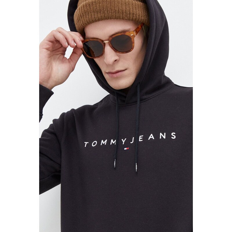 Mikina Tommy Jeans pánská, černá barva, s kapucí, s aplikací