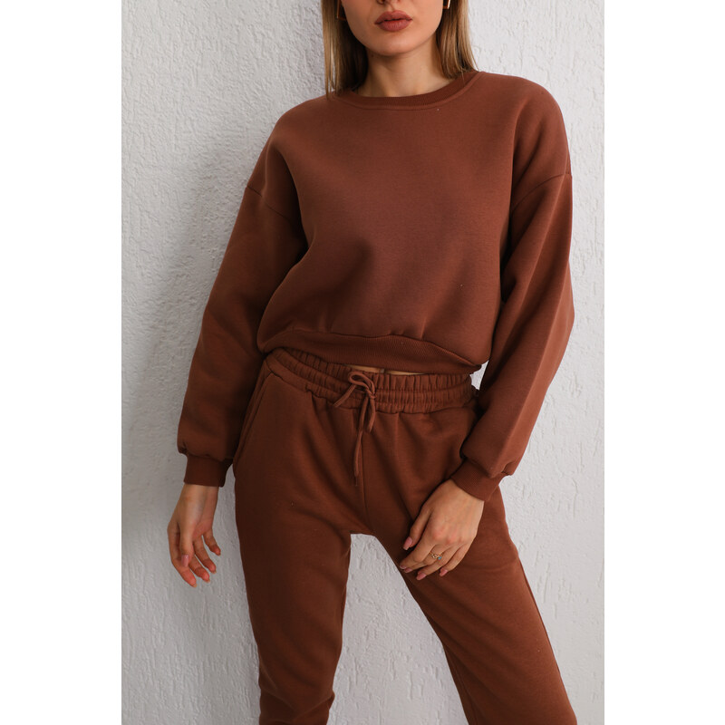 BİKELİFE Women's Brown Oversize Crop Sweatshirt