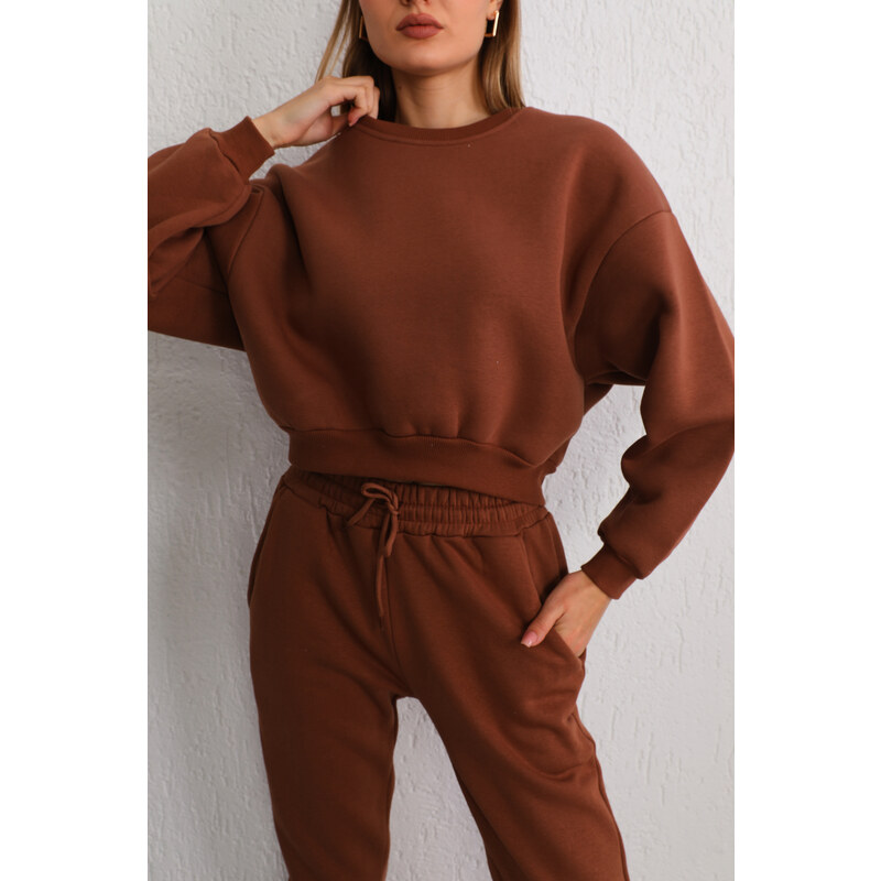 BİKELİFE Women's Brown Oversize Crop Sweatshirt