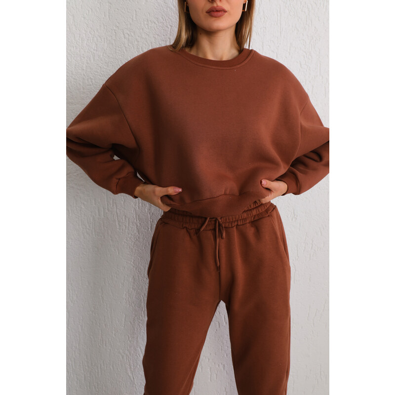 BİKELİFE Women's Brown Oversize Crop Sweatshirt