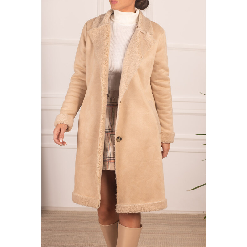 armonika Women's Beige Pocket Long Suede Coat