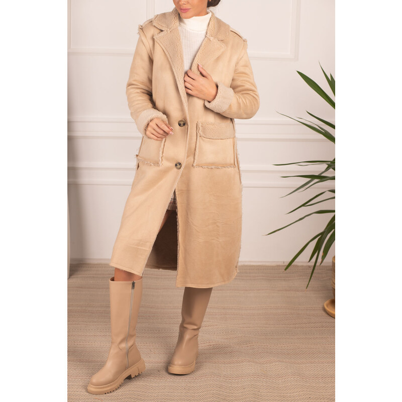 armonika Women's Beige Furry Pocket Detailed Buttoned Suede Long Coat