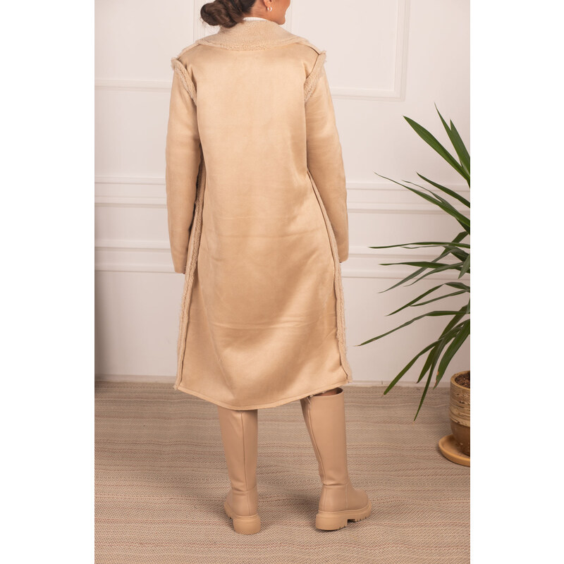 armonika Women's Beige Furry Pocket Detailed Buttoned Suede Long Coat