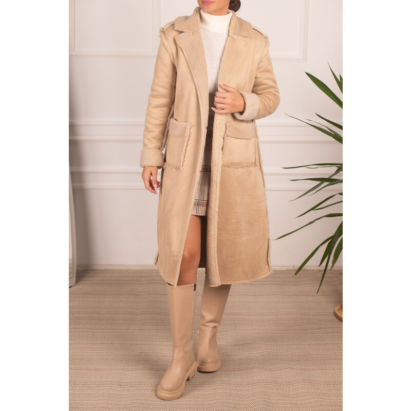 armonika Women's Beige Furry Pocket Detailed Buttoned Suede Long Coat