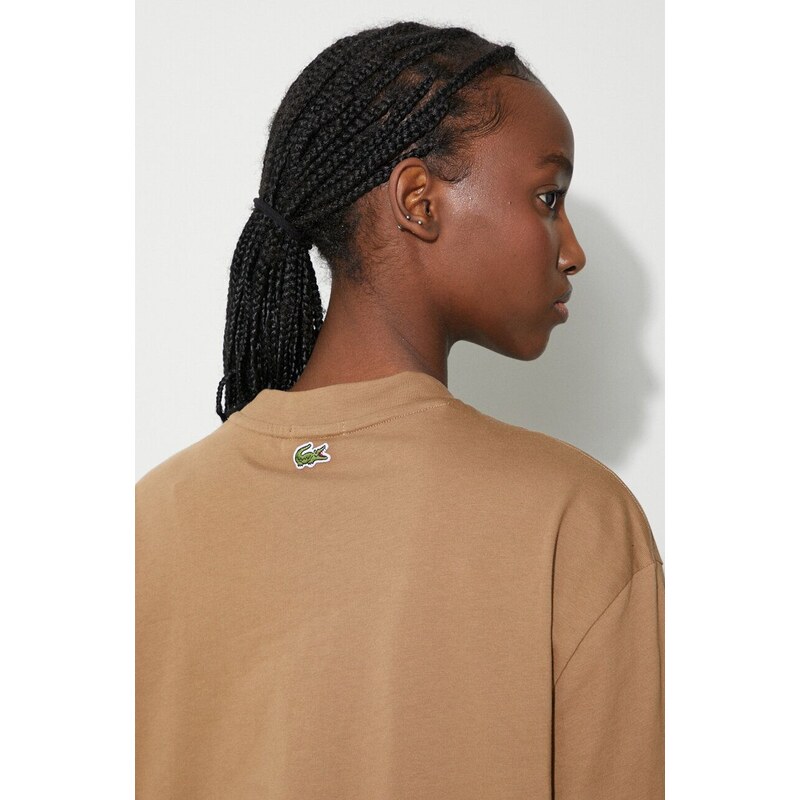 Bavlněné tričko Lacoste hnědá barva, s aplikací