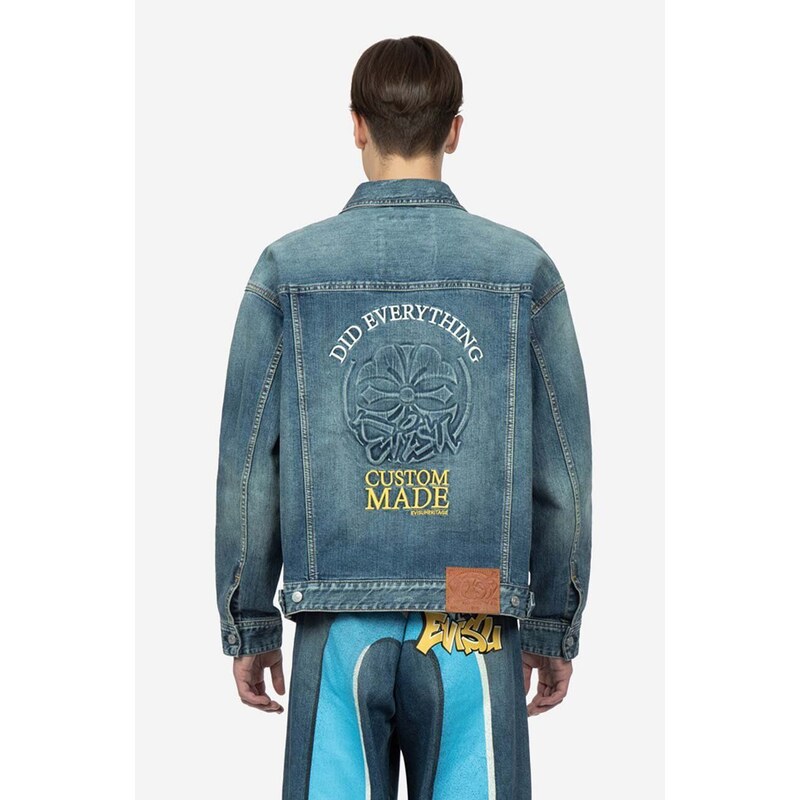 Džínová bunda Evisu Kamon Embossed Denim Jacket pánská, přechodná, oversize, 2ESHTM3DJ710LFCS INDIGO DARK TONE