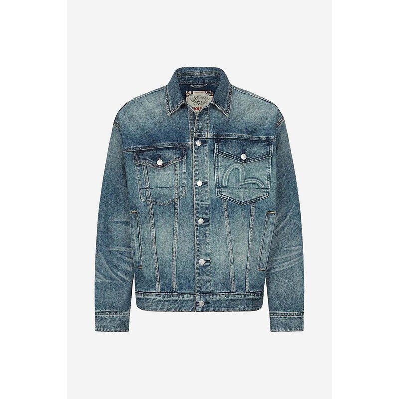 Džínová bunda Evisu Kamon Embossed Denim Jacket pánská, přechodná, oversize, 2ESHTM3DJ710LFCS INDIGO DARK TONE