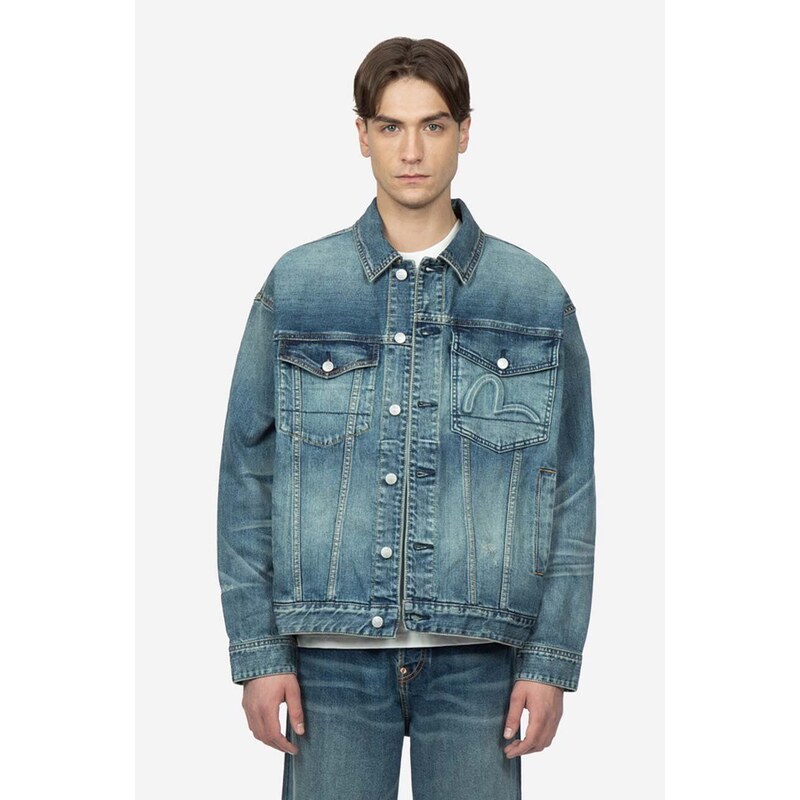 Džínová bunda Evisu Kamon Embossed Denim Jacket pánská, přechodná, oversize, 2ESHTM3DJ710LFCS INDIGO DARK TONE