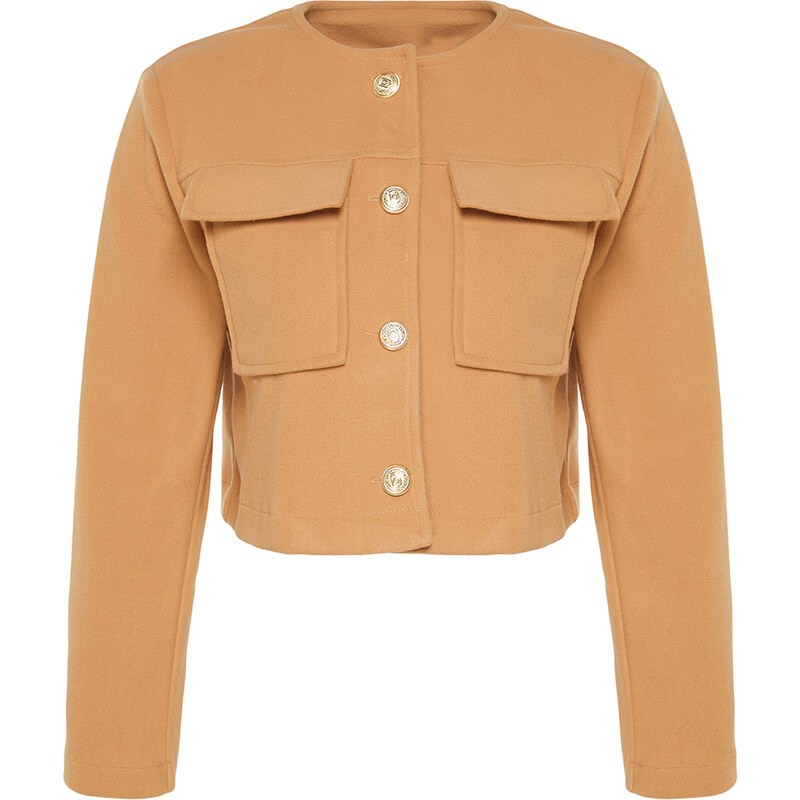 Trendyol Camel Gold Button Detailní razítkovaný kabát na bundu