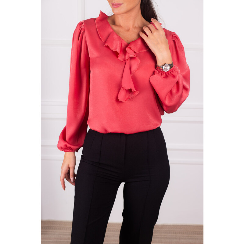 armonika Women's Dark Pink Satin Blouse with Frilled Collar on the Shoulders and Elasticated Sleeves