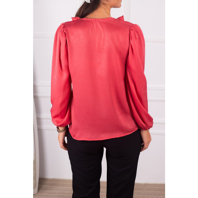 armonika Women's Dark Pink Satin Blouse with Frilled Collar on the Shoulders and Elasticated Sleeves