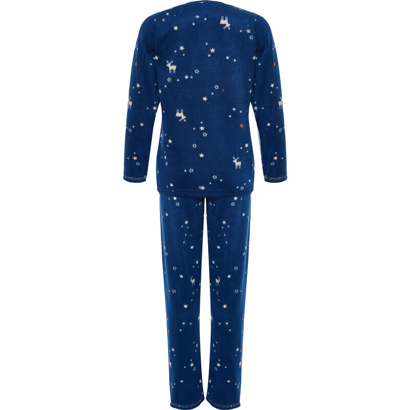 Trendyol Navy Blue Fleece Star Embroidery Detailed Tshirt-Pants Knitted Pajamas Set