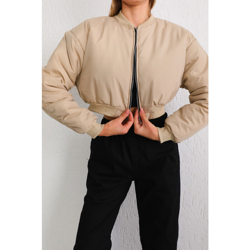 BİKELİFE Women Beige Oversize Bomber Jacket Coats