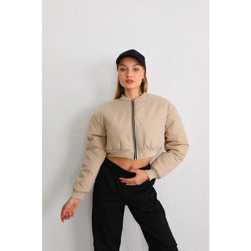 BİKELİFE Women Beige Oversize Bomber Jacket Coats