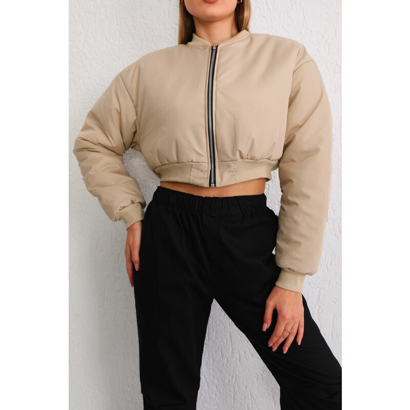 BİKELİFE Women Beige Oversize Bomber Jacket Coats