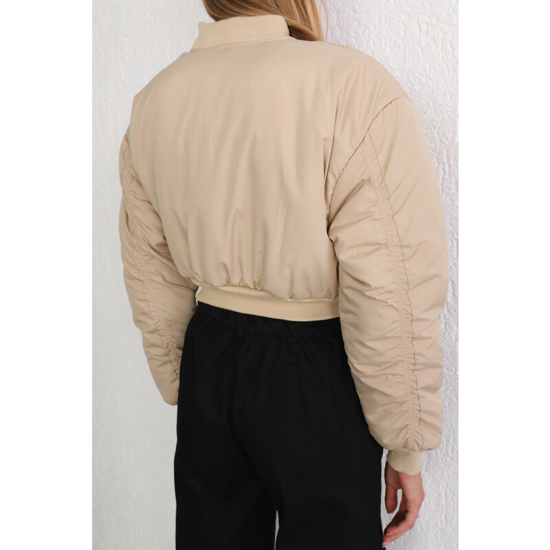 BİKELİFE Women Beige Oversize Bomber Jacket Coats