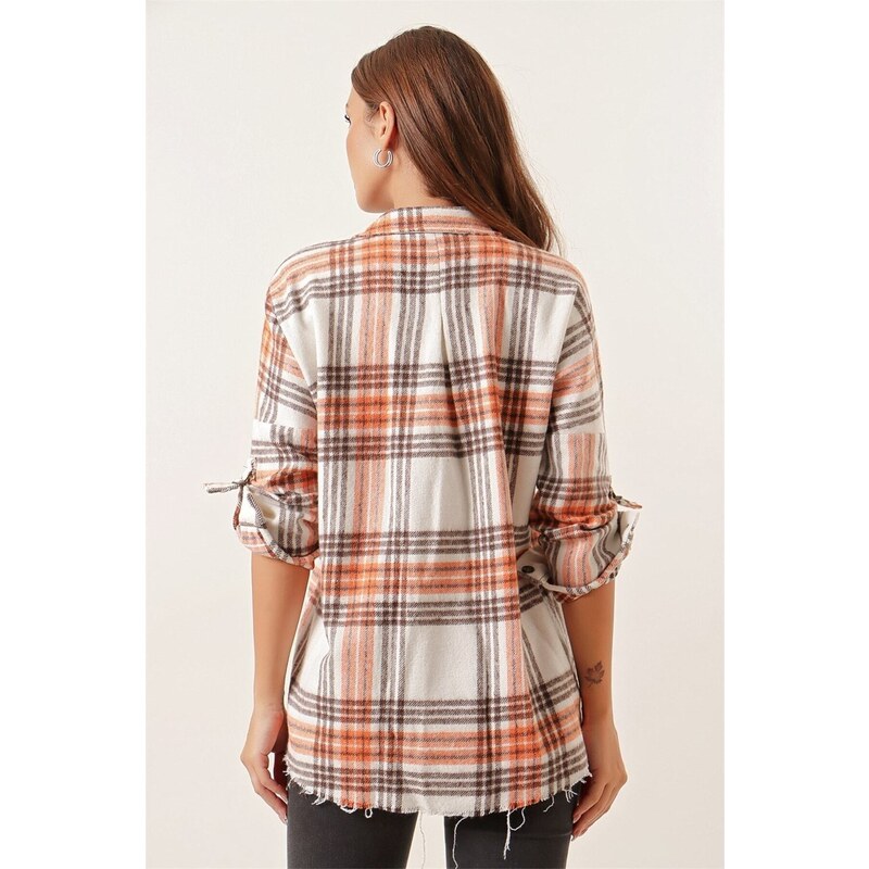 By Saygı Double Pockets Plaid Cachet Shirt with Fold Sleeves Orange
