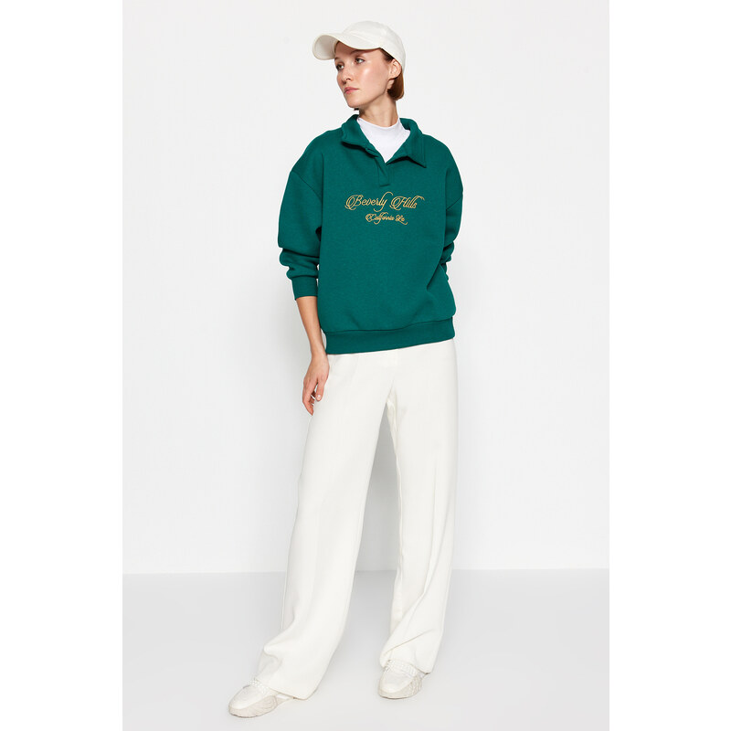 Trendyol Emerald Green Shirt Collar With Embroidery Regular Fit, Fleece Inside Knitted Sweatshirt