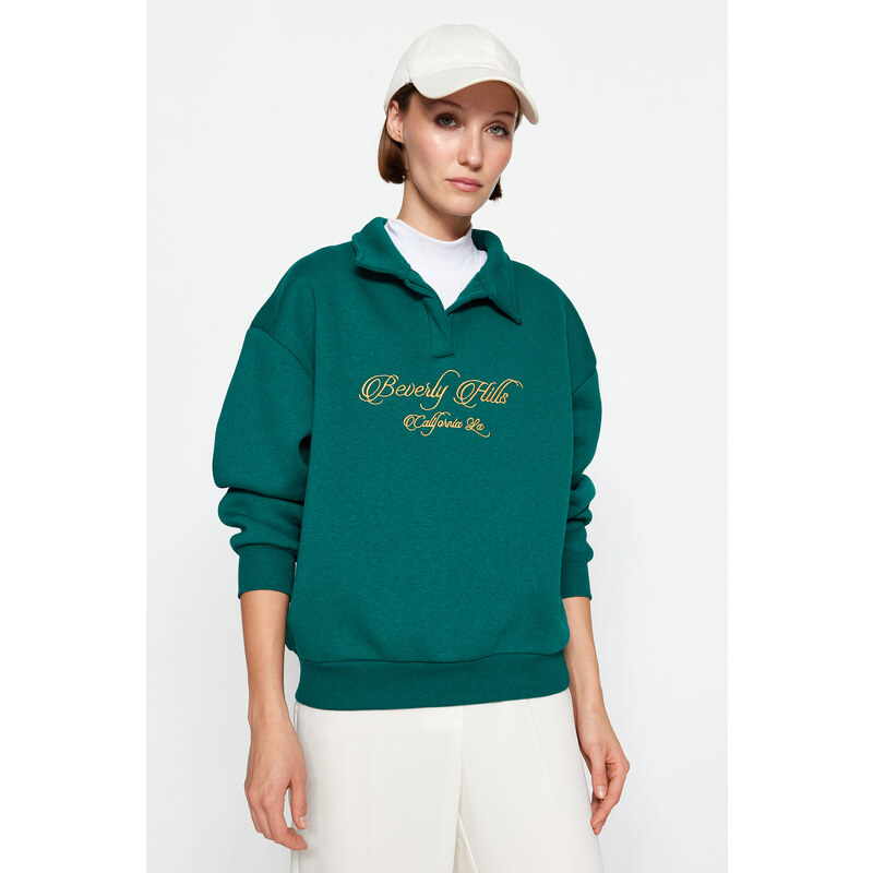 Trendyol Emerald Green Shirt Collar With Embroidery Regular Fit, Fleece Inside Knitted Sweatshirt