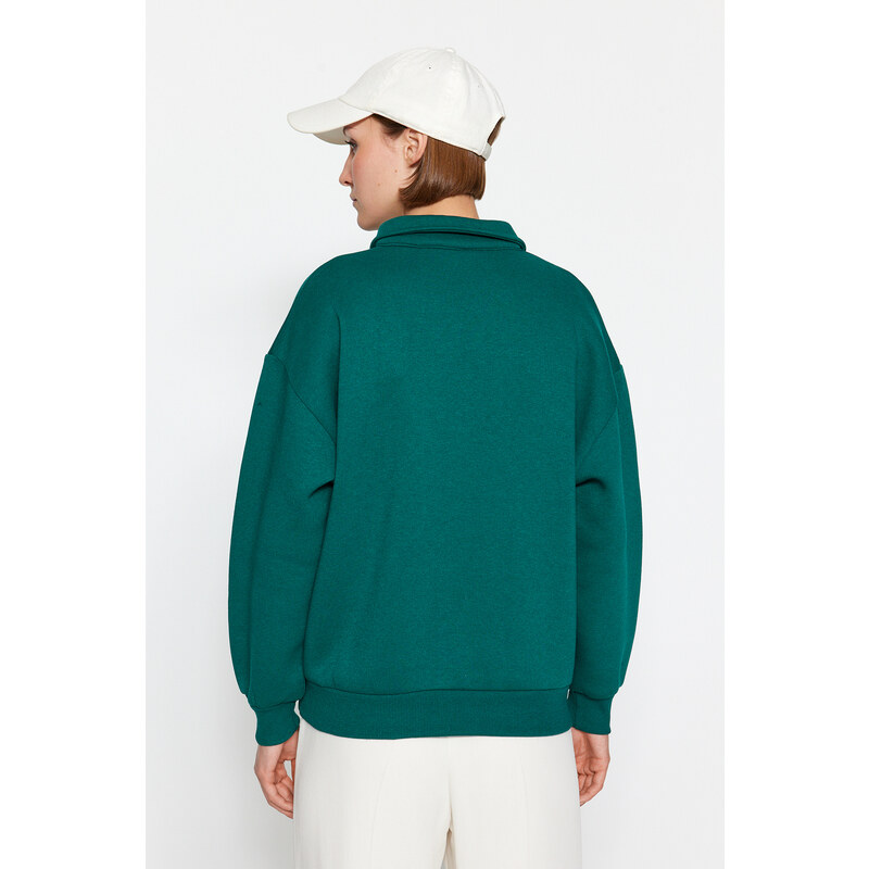 Trendyol Emerald Green Shirt Collar With Embroidery Regular Fit, Fleece Inside Knitted Sweatshirt