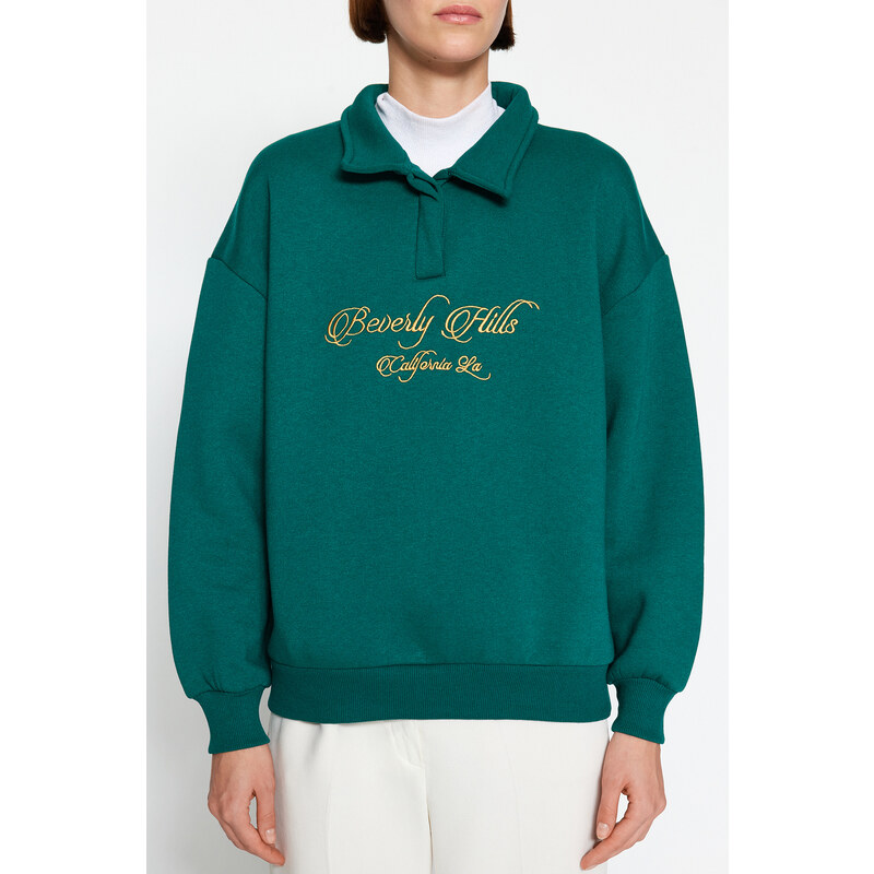 Trendyol Emerald Green Shirt Collar With Embroidery Regular Fit, Fleece Inside Knitted Sweatshirt