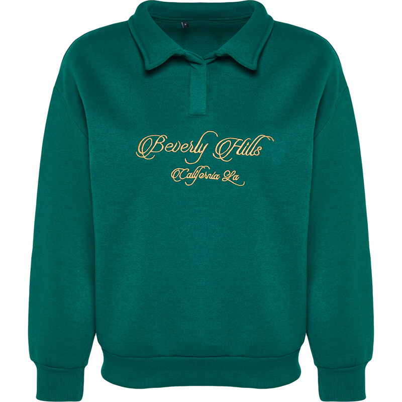 Trendyol Emerald Green Shirt Collar With Embroidery Regular Fit, Fleece Inside Knitted Sweatshirt