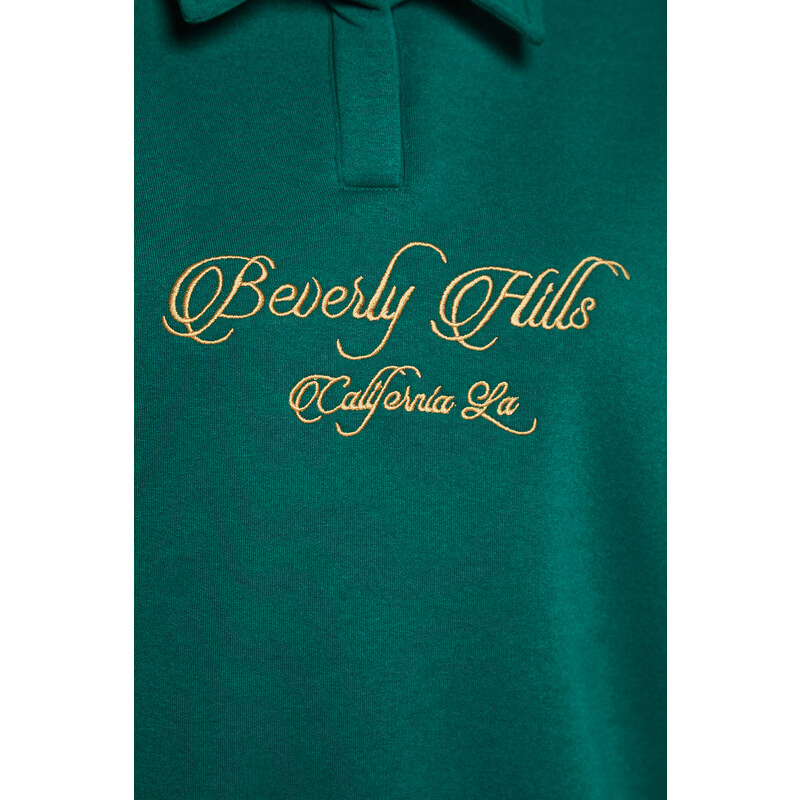 Trendyol Emerald Green Shirt Collar With Embroidery Regular Fit, Fleece Inside Knitted Sweatshirt