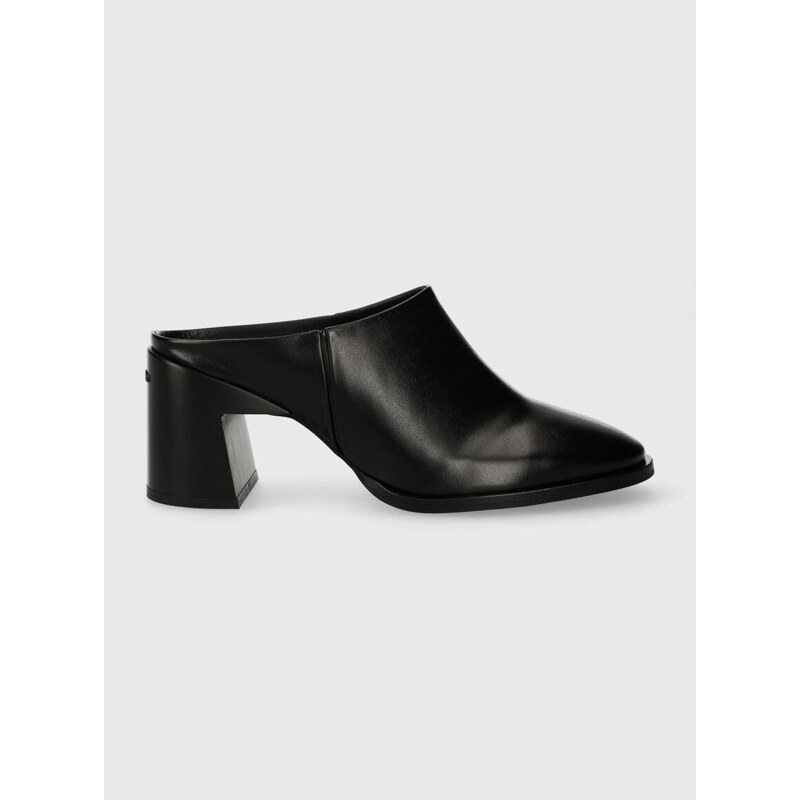 Kožené pantofle Calvin Klein GEO BLOCK MULE 60 dámské, černá barva, na podpatku, HW0HW01844