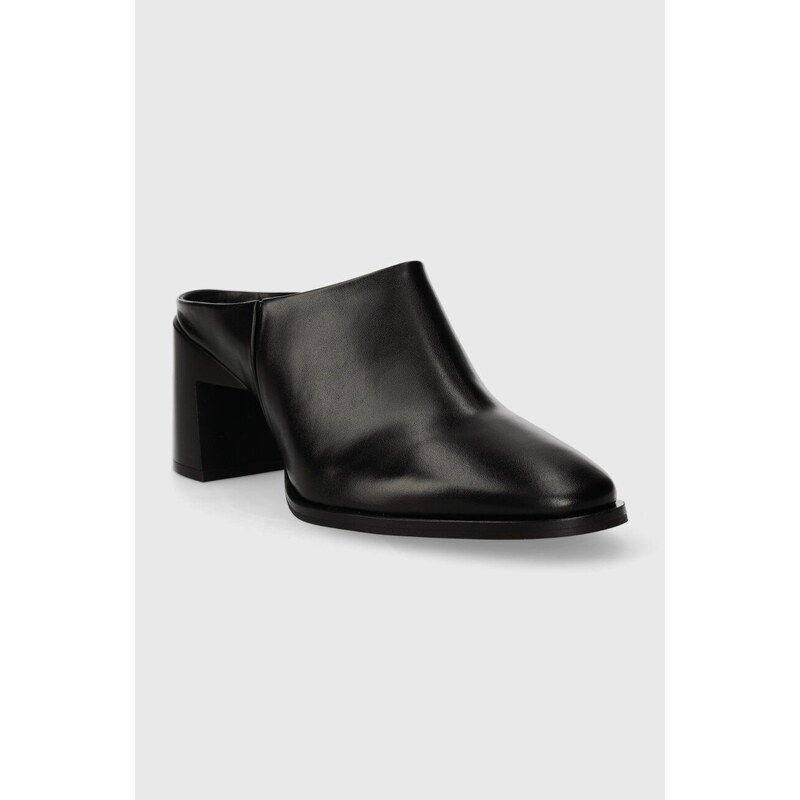 Kožené pantofle Calvin Klein GEO BLOCK MULE 60 dámské, černá barva, na podpatku, HW0HW01844