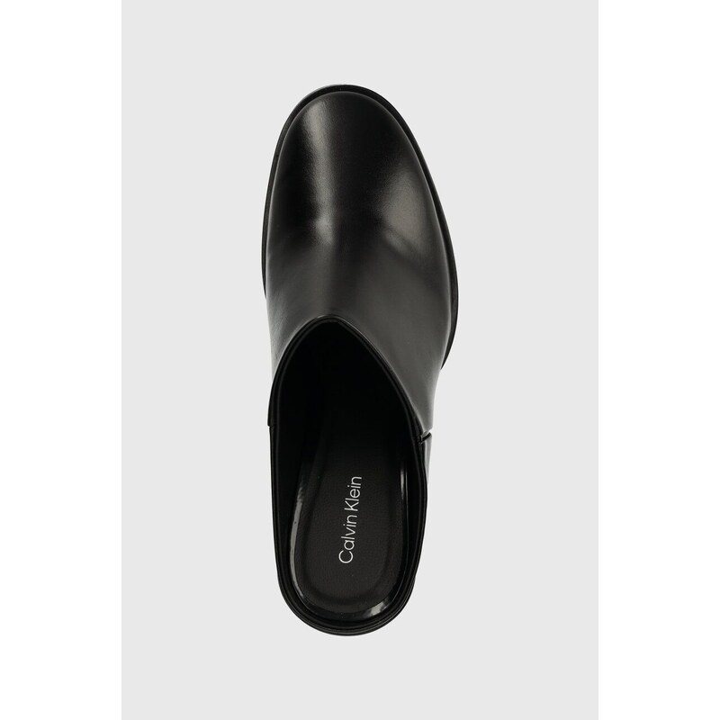 Kožené pantofle Calvin Klein GEO BLOCK MULE 60 dámské, černá barva, na podpatku, HW0HW01844