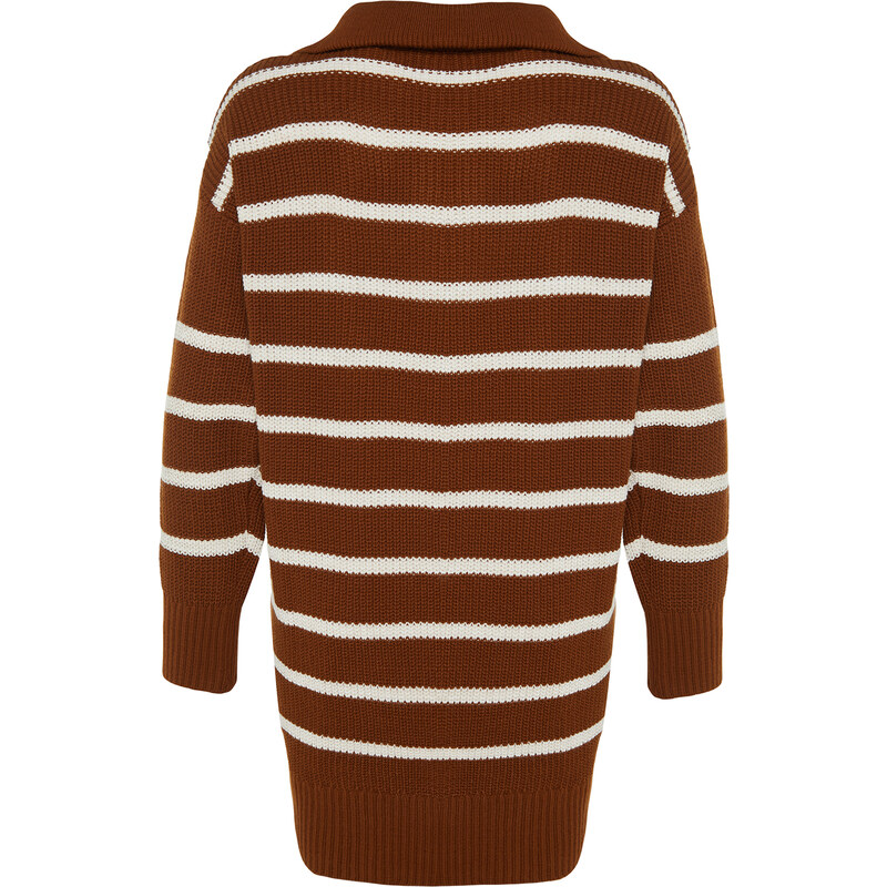 Trendyol hnědý pruhovaný límec na zip pletený svetr
