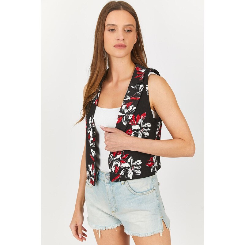 armonika Women's Red Patterned Crop Vest Without Buttons