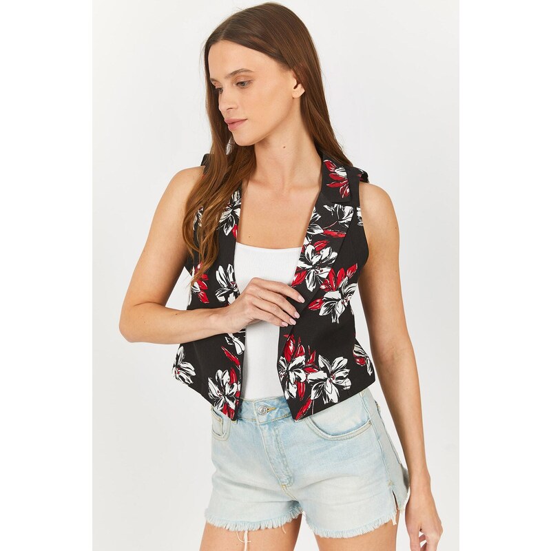 armonika Women's Red Patterned Crop Vest Without Buttons