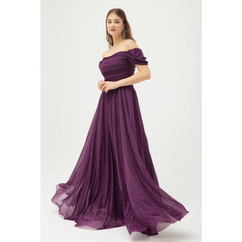 Lafaba Women's Plum Boat Neck Draped Long Silvery Evening Dress