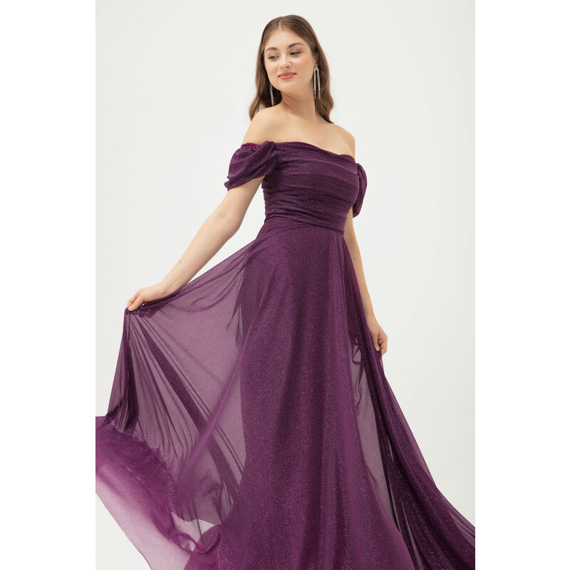 Lafaba Women's Plum Boat Neck Draped Long Silvery Evening Dress