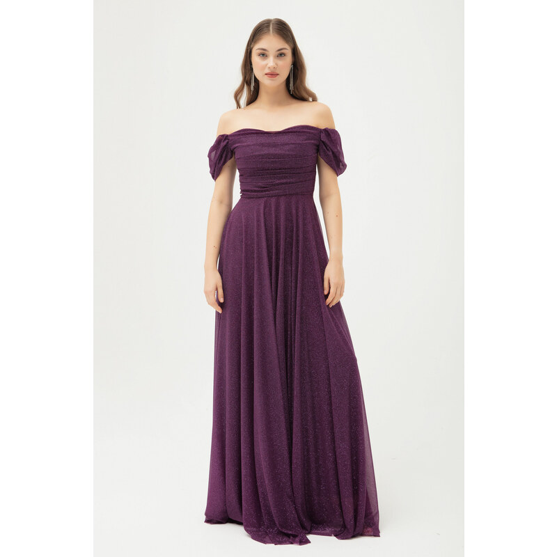 Lafaba Women's Plum Boat Neck Draped Long Silvery Evening Dress