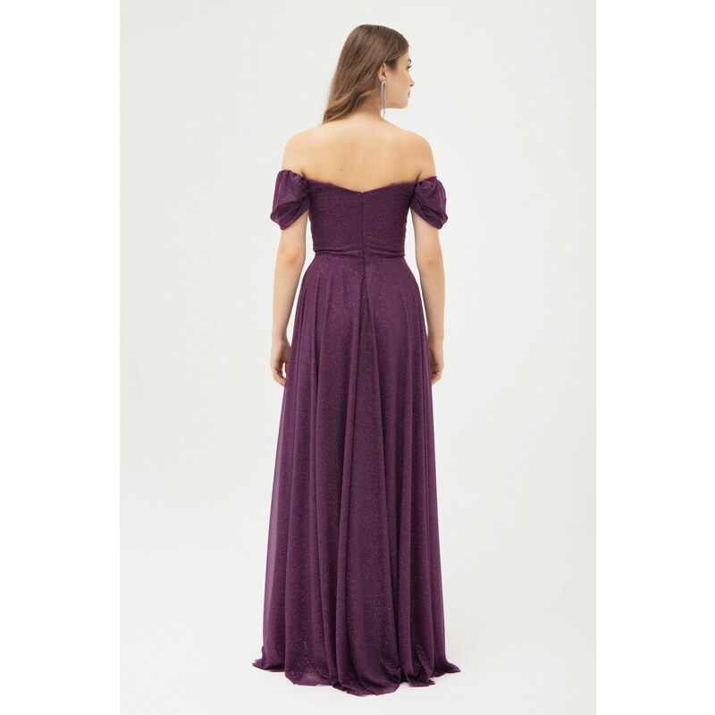 Lafaba Women's Plum Boat Neck Draped Long Silvery Evening Dress